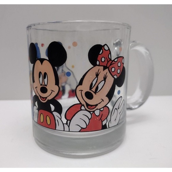 VINTAGE DISNEY MICKEY MINNIE GOOFY DONALD Clear Glass Coffee Tea Mug USA - Picture 1 of 5